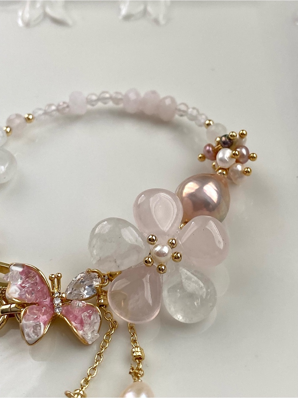 B178-Handmade Rose Quartz Flower And Pink Edsion Pearl Butterfly Bracelet - Picture 4 of 6